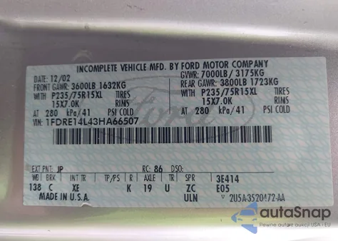 2003 Ford E-150 Recreational from USA, damaged, VIN 1FDRE14L43HA66507